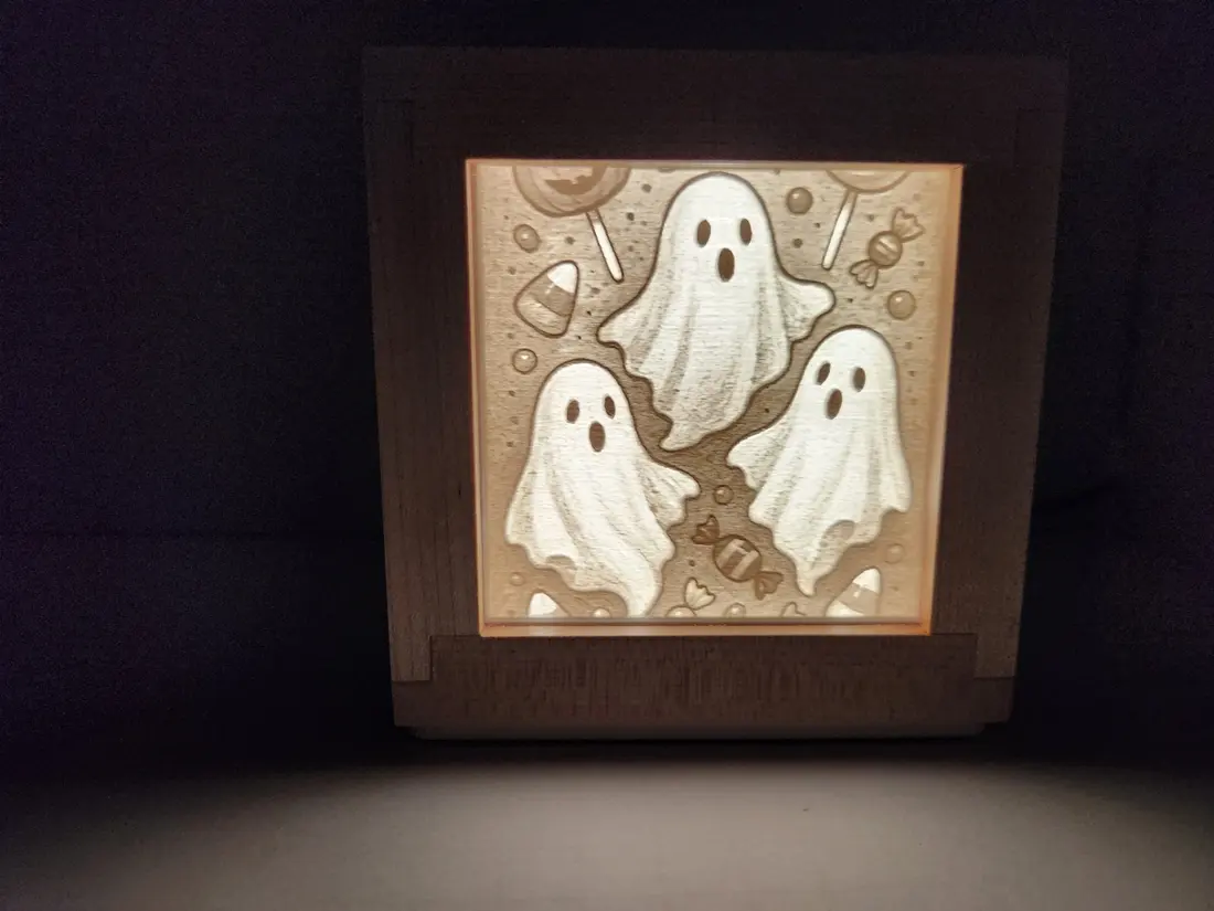 Light box showing three cartoon ghosts