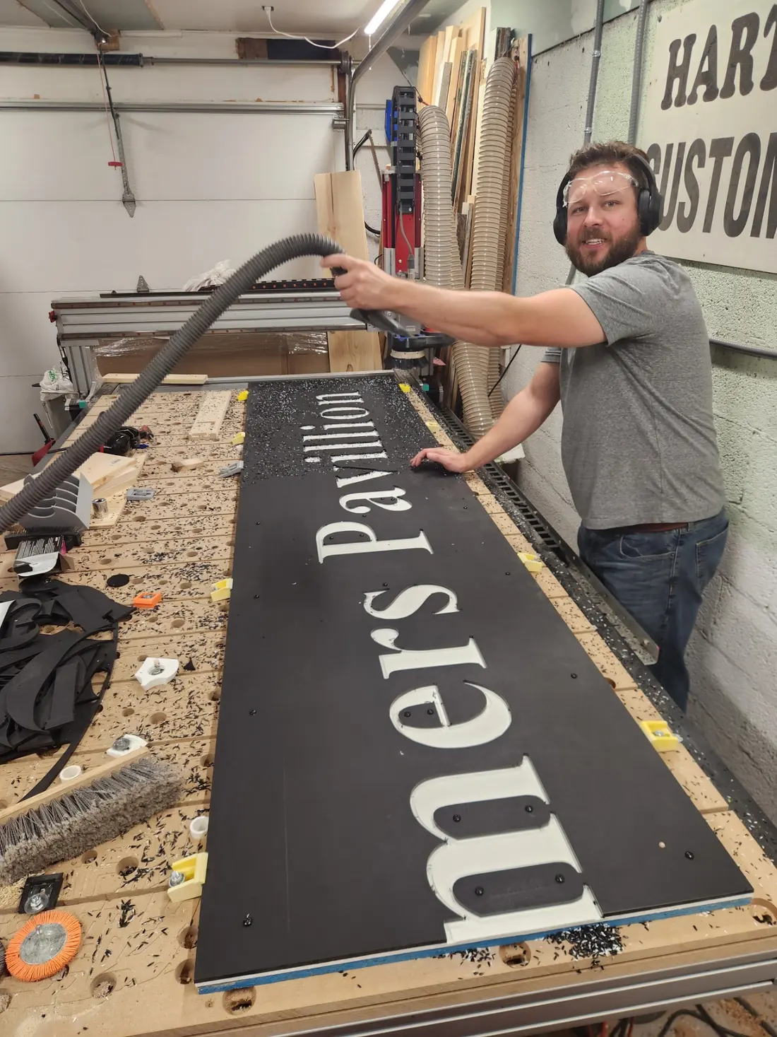 Cutting the Old Timers Pavilion sign on the CNC in the shop