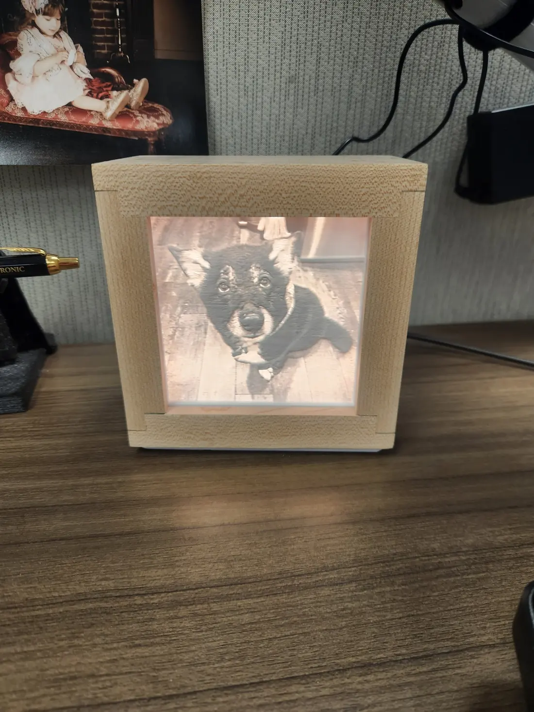 A pet portrait printed as a lithophane and lit from behind